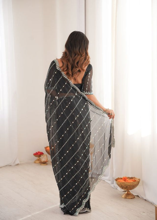 Black Color Twill Net Fabric Ethnic And Girlie Ceremonial Saree For Girls