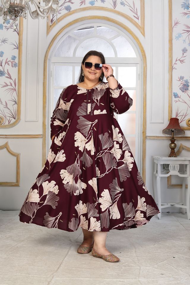 Wine Color Rayon Fabric Designer Printed Plus Size Kurta For Girls