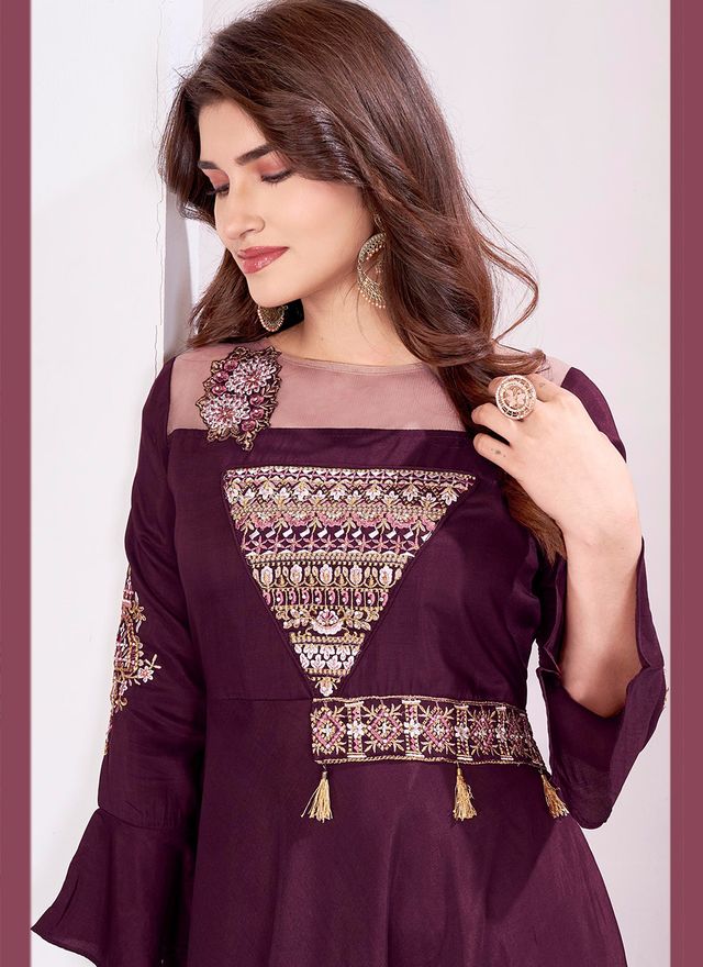 Wine Color Beautiful Embroidered Ceremonial Gown For Classy Looks