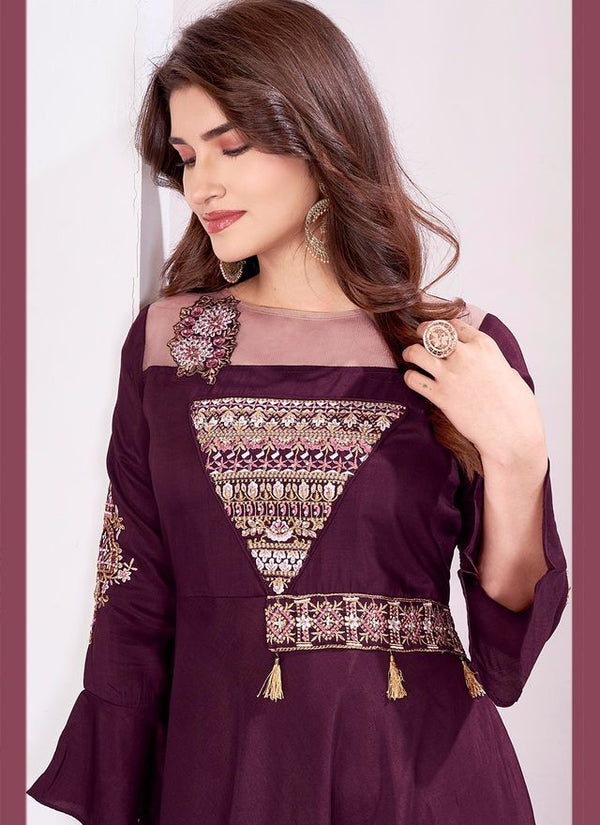 Wine Color Beautiful Embroidered Ceremonial Gown For Classy Looks