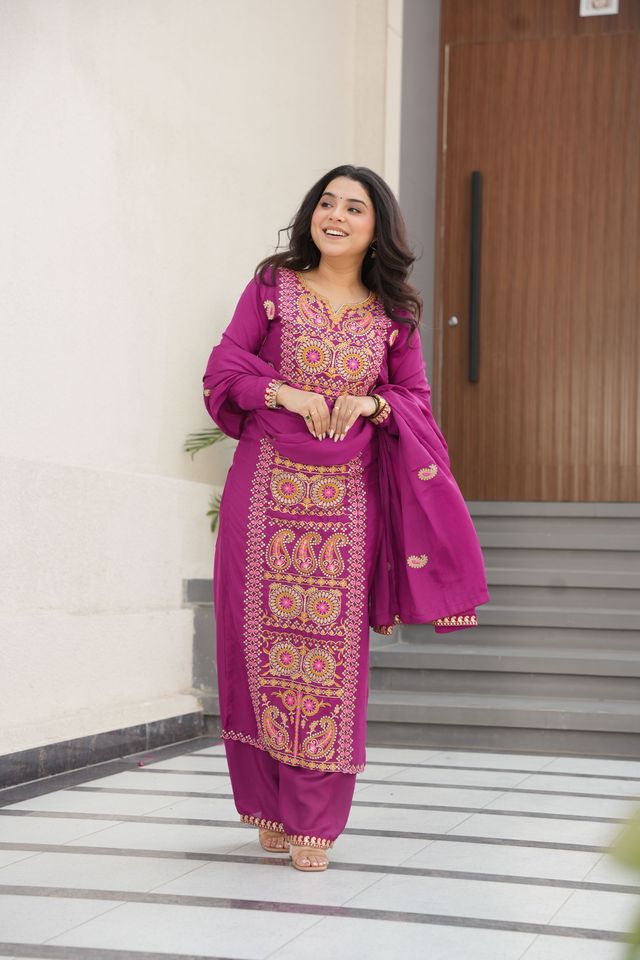 Magenta Color Chinon Fabric Designer Embroidery Work Suit for Trendy Girlie Looks