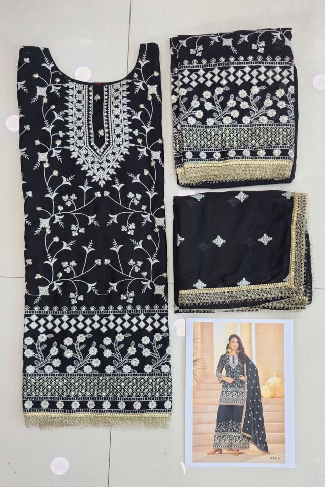 Black Georgette All Over Cotton Thread & Sequins Work Palazzo Sets Size upto 44
