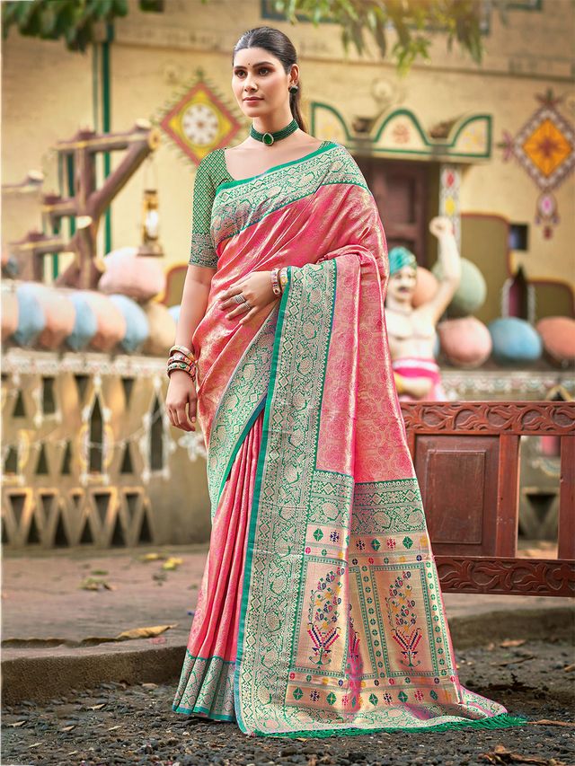 Pink Color Kanjivaram Silk Ethnic Fancy Meenakari Designer Saree