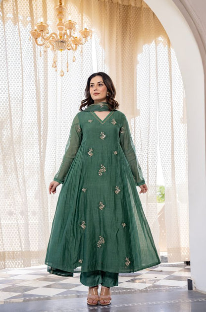 Green Color Chanderi Fabric Beautiful Partywear Dress For Girls
