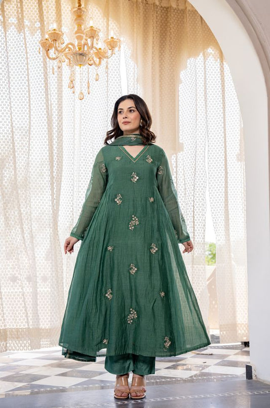 Green Color Chanderi Fabric Beautiful Partywear Dress For Girls