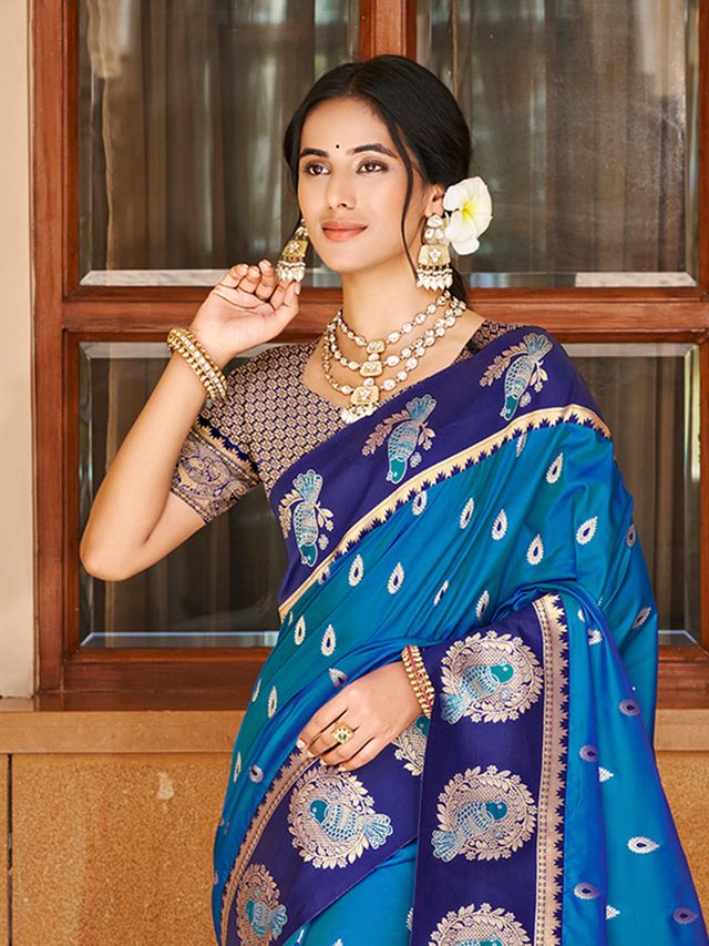 Blue Color Ethnic Woven Designer Partywear Saree