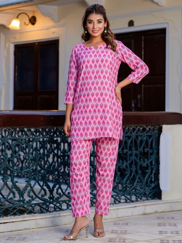 Pink Color Smart Cotton Blend Fabric Designer Printed Smart Co-ord Set
