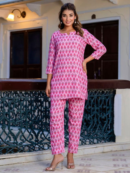 Pink Color Smart Cotton Blend Fabric Designer Printed Smart Co-ord Set