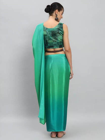 Parrot Green Color Ready To Wear Chinon Fabric Saree For Stylish Looks
