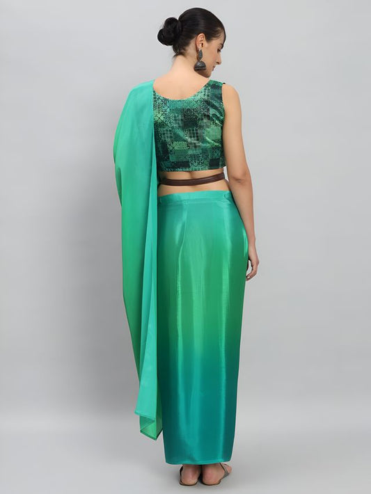 Parrot Green Color Ready To Wear Chinon Fabric Saree For Stylish Looks