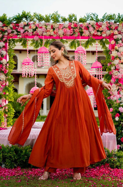 Rust Color Beautiful Readymade Dress On Vichitra Silk Fabric For Graceful Girlie Looks