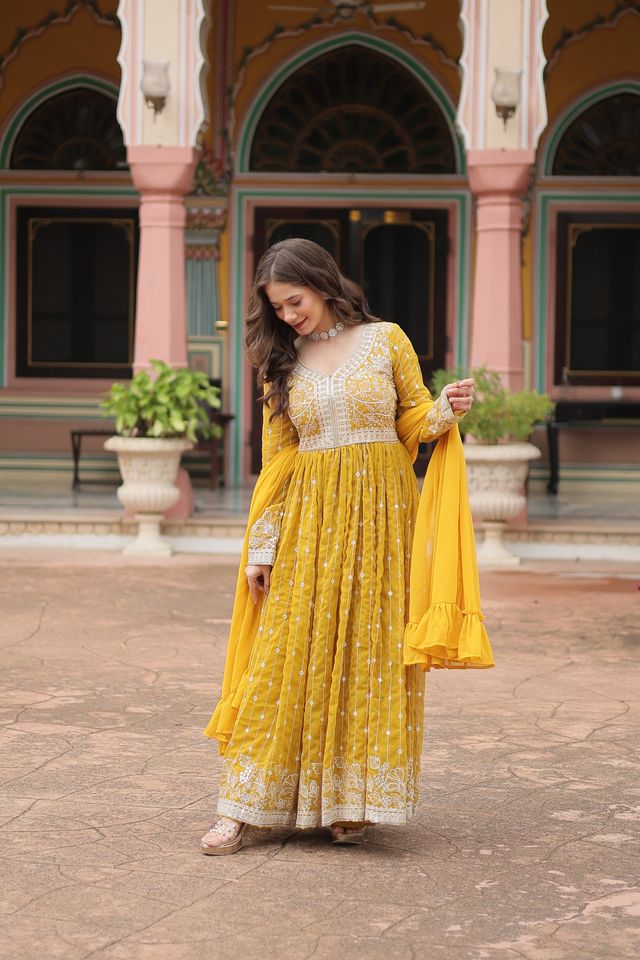 Yellow Color Faux Georgette Fabric Beautiful Ceremonial Suit With Dupatta