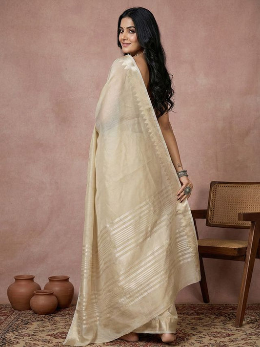 Cream Color Blended Cotton Woven Designer Ceremonial Sober Looks Saree