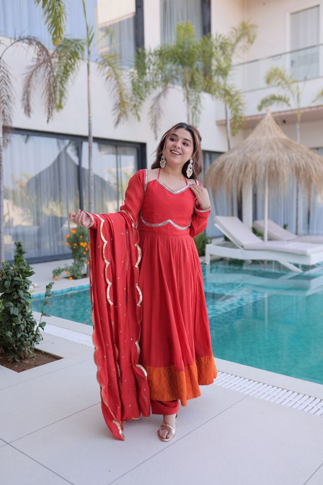 Rust Color Beautiful Mul Chanderi Fabric Stylish Ceremonial Attire