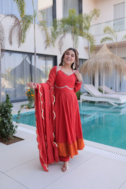 Rust Color Beautiful Mul Chanderi Fabric Stylish Ceremonial Attire
