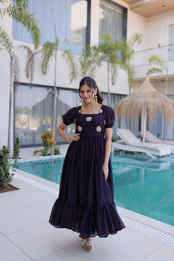 Dark Purple Color Beautiful Ceremonial Fendy Silk Fabric Gown For Party Looks