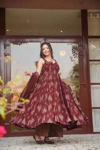 Brown Color Muslin Fabric Designer Printed Readymade Ceremonial Palazzo Dress