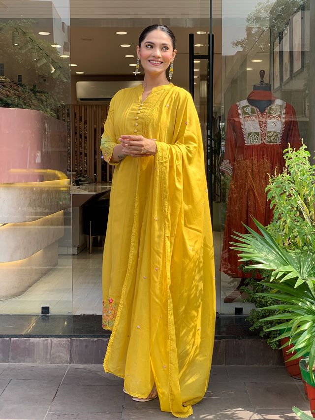 Mustard Color Chanderi Silk Fabric Ceremonial Readymade Kurta Set with Dupatta