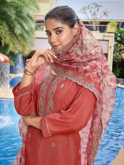 Peach Color Stylish Partywear Readymade Ethnic Suit