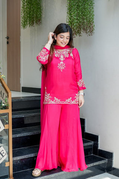 Pink Color Natural Crepe Fabric Beautiful Partywear Dress For Girls