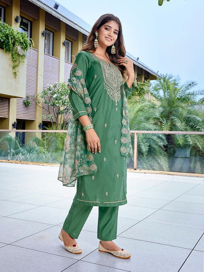 Green Color Stylish Partywear Readymade Ethnic Suit