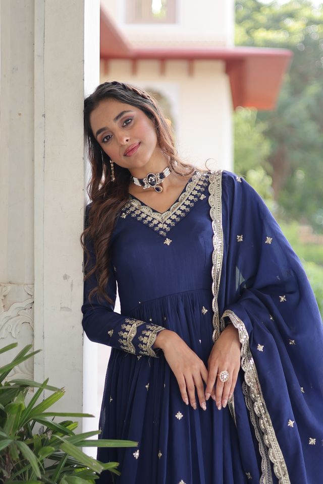 Blue Color Heavy Embroidered Ethnic Beautiful Gown With Dupatta
