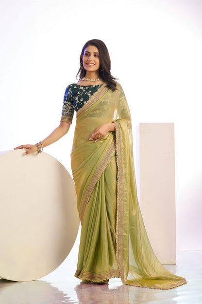 Pista Color Stylish Heavy Partywear Saree For Rich Girlie Looks