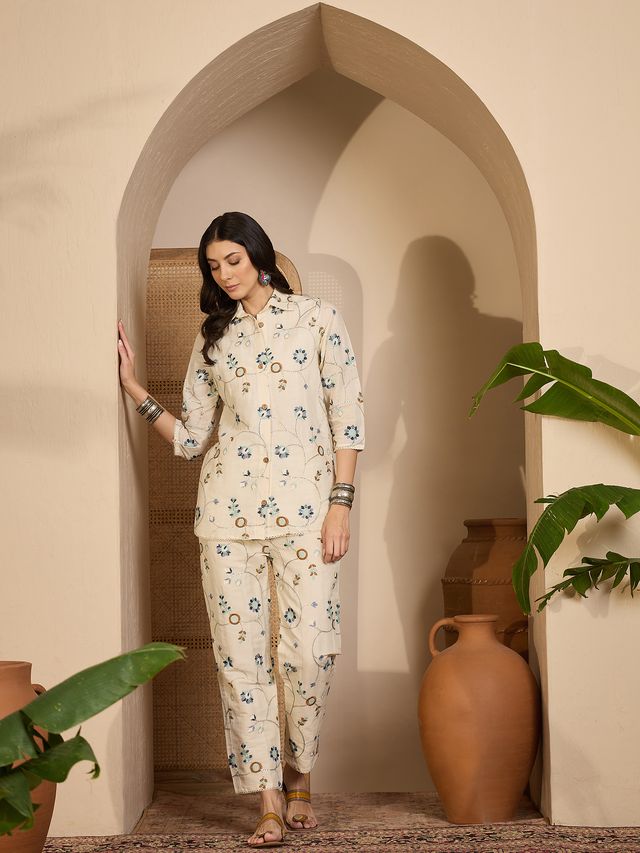 Beige Color Khadi Silk Fabric Designer Embroidered Co-ord Set