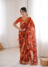 Orange Color Marble Patta Fabric Stylish Festive Special Saree