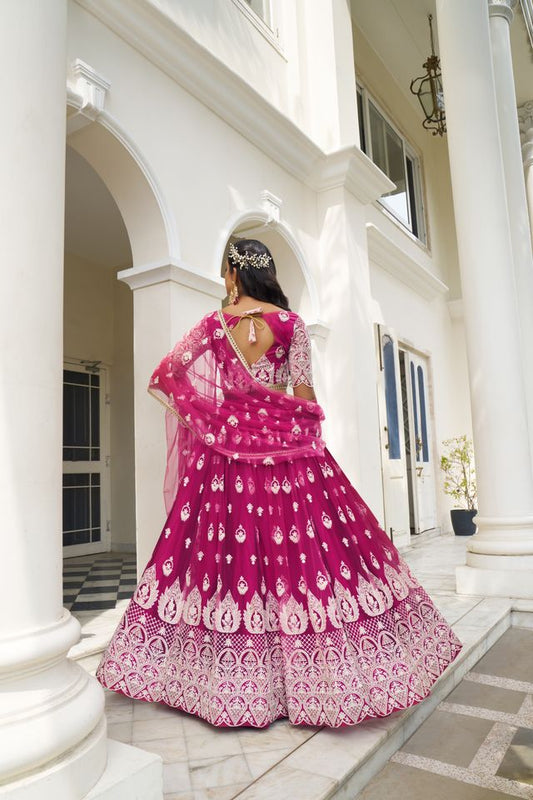 Dark Pink Heavy Embroidery Net Semi Stitch A Line Lehenga With Blouse