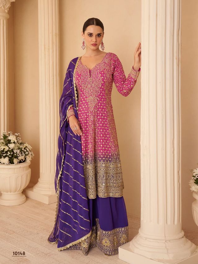 Rose pink pure geogette full stitched suit Free Size upto 42