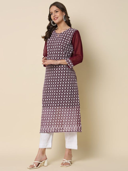 Purple Color Georgette Fabric Chikankari Work Formal Kurta For Girls