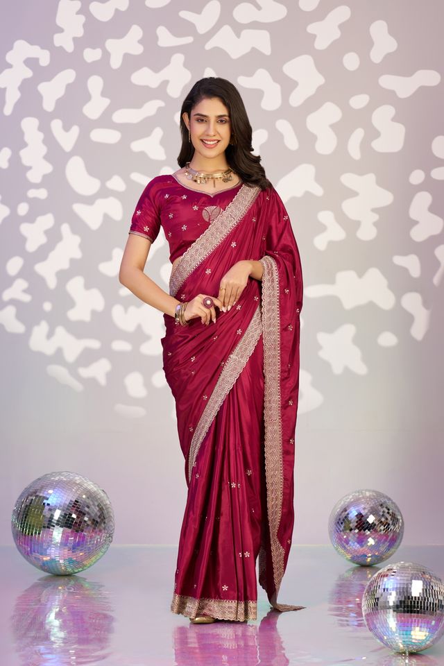 Red Color Crepe Fabric Embroidery Work Ready To Wear Saree