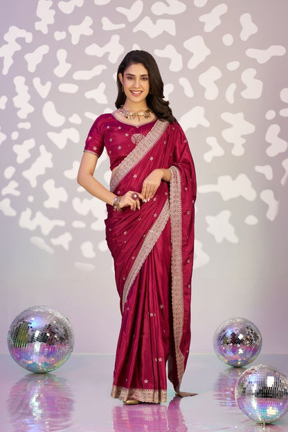 Red Color Crepe Fabric Embroidery Work Ready To Wear Saree