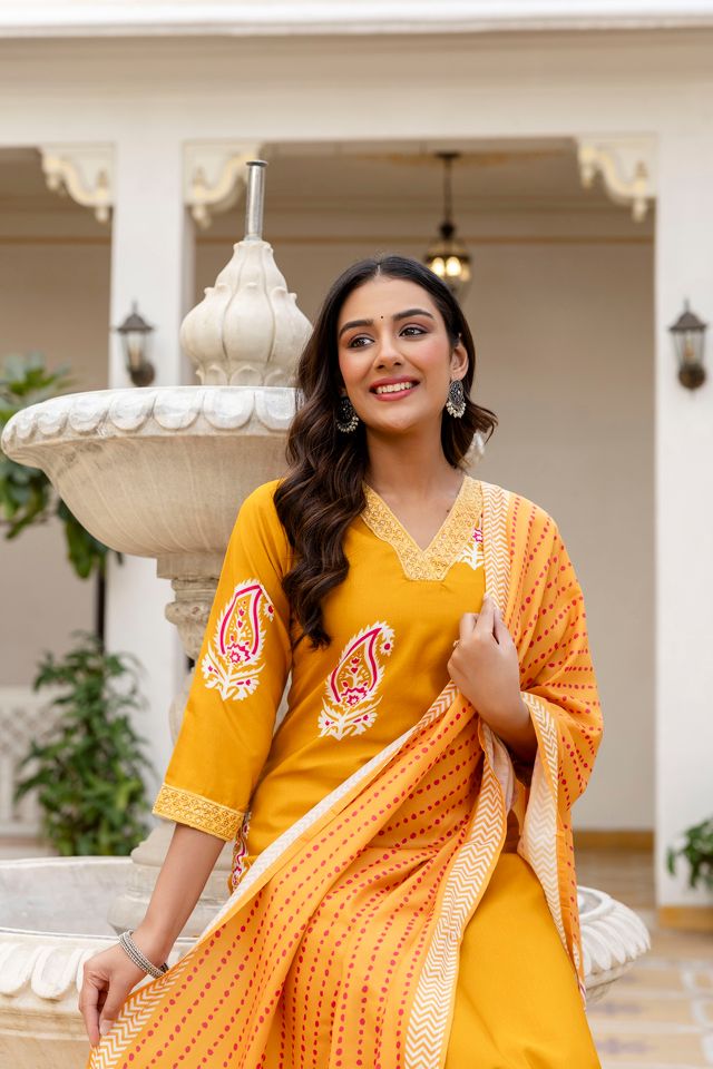Yellow Color Rayon Fabric Ceremonial Readymade Kurta Set with Dupatta