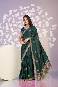 Green Color Crepe Fabric Embroidery Work Ready To Wear Saree