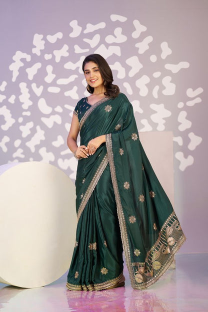 Green Color Crepe Fabric Embroidery Work Ready To Wear Saree