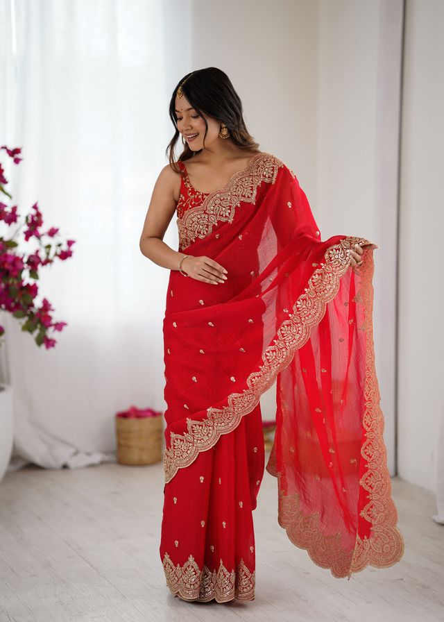 Red Color Fendy Chiffon Fabric Beautiful Embroidered Saree