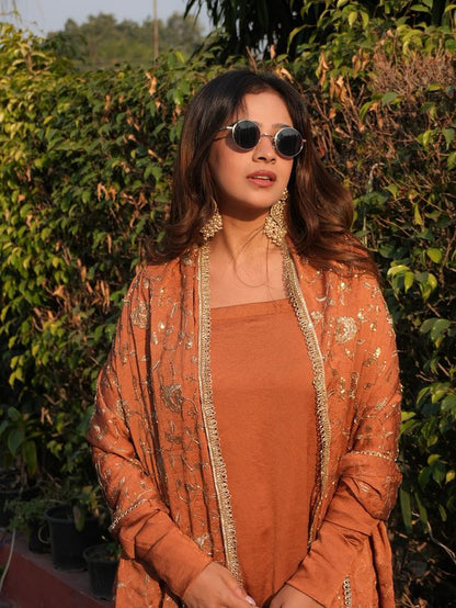 Rust Color Vichitra Fabric Beautiful Partywear Dress For Girls