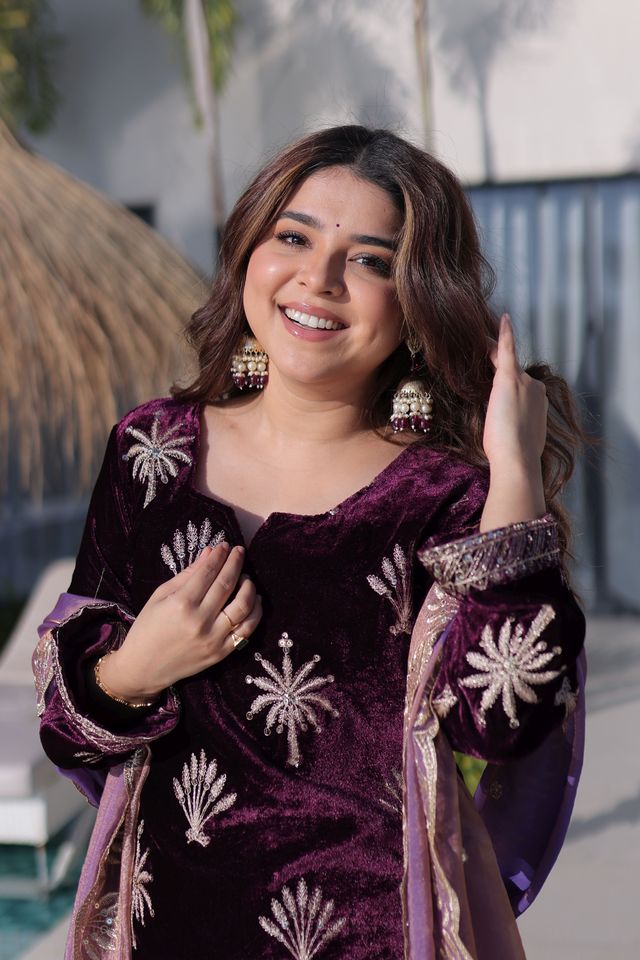 Wine Color Ice Velvet Fabric Ethnic Heavy Embroidered Ceremonial Suit With Dupatta