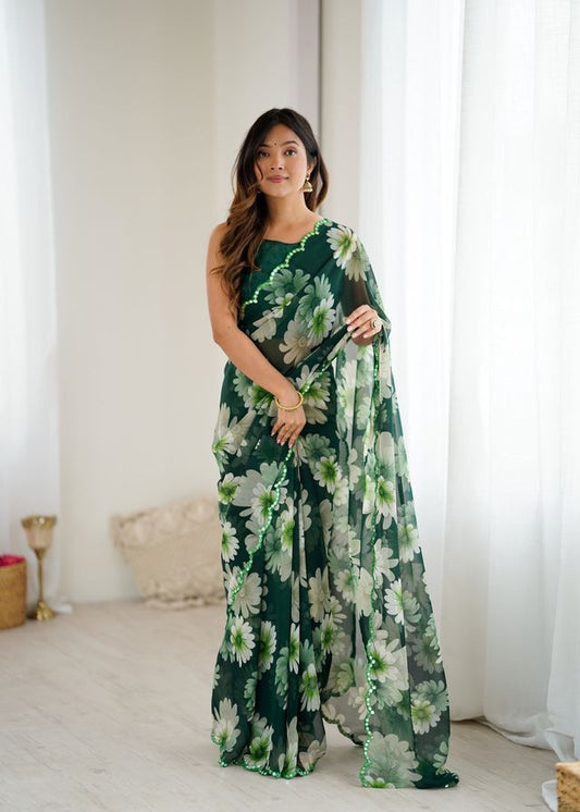 Green Color Georgette Fabric Designer Printed Bollywood Style Saree