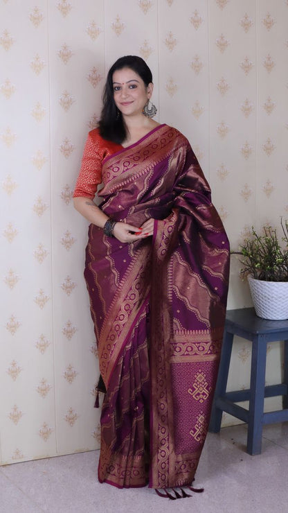 Wine Color Soft Silk Woven Jari Designer Ethnic Partywear Saree