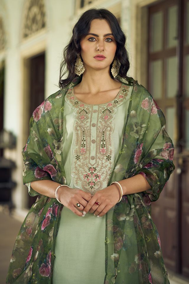 Pista Color Viscose Rayon Fabric Beautiful Embroidered Kurta Set With Dupatta