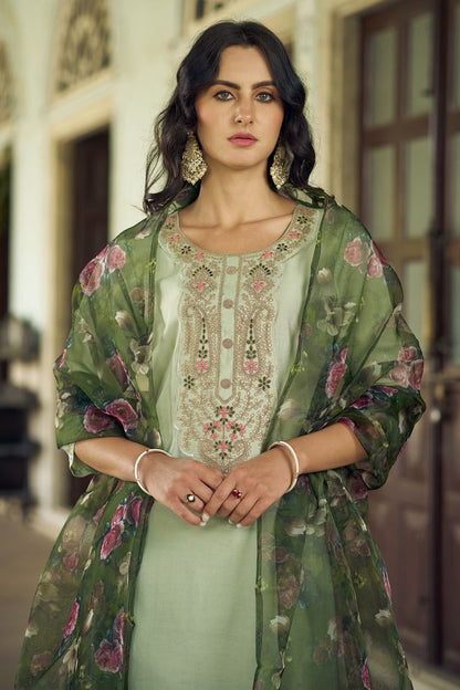 Pista Color Viscose Rayon Fabric Beautiful Embroidered Kurta Set With Dupatta