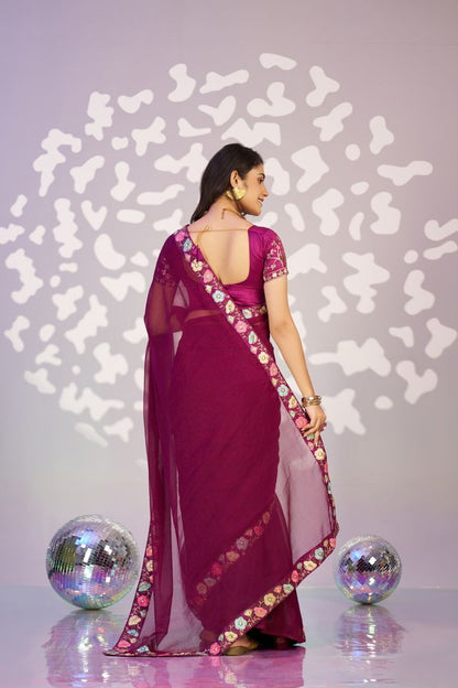 Wine Color Ethnic Embroidered Simmer Chiffon Fabric Girlie Partywear Saree