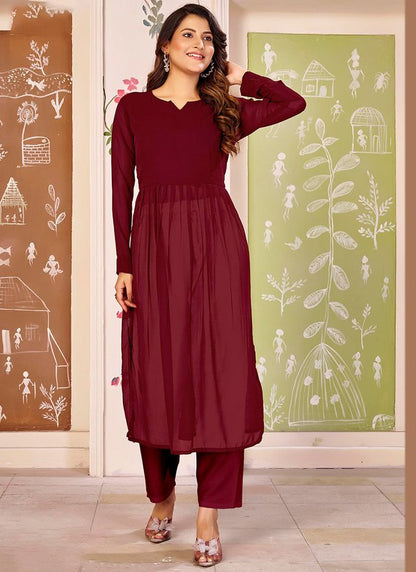 Maroon Color Beautiful Solid Printed Georgette Fabric Festive Long Kurta For Girls