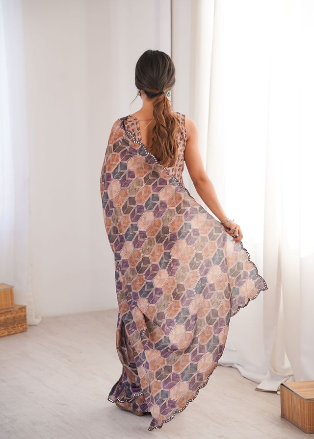 Multy Color Chinon Fabric Digital Printed Partywear Ceremonial Saree