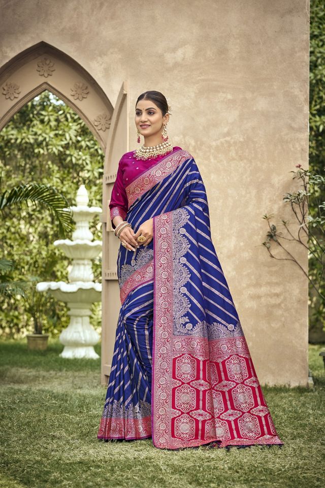 Blue Color Banarasi Silk Fabric Ethnic woven Designer Saree