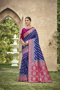 Blue Color Banarasi Silk Fabric Ethnic woven Designer Saree