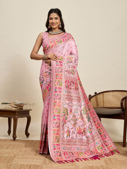 Pink Color Beautiful Silk Blended Meenakari Designer Ethnic Partywear Saree